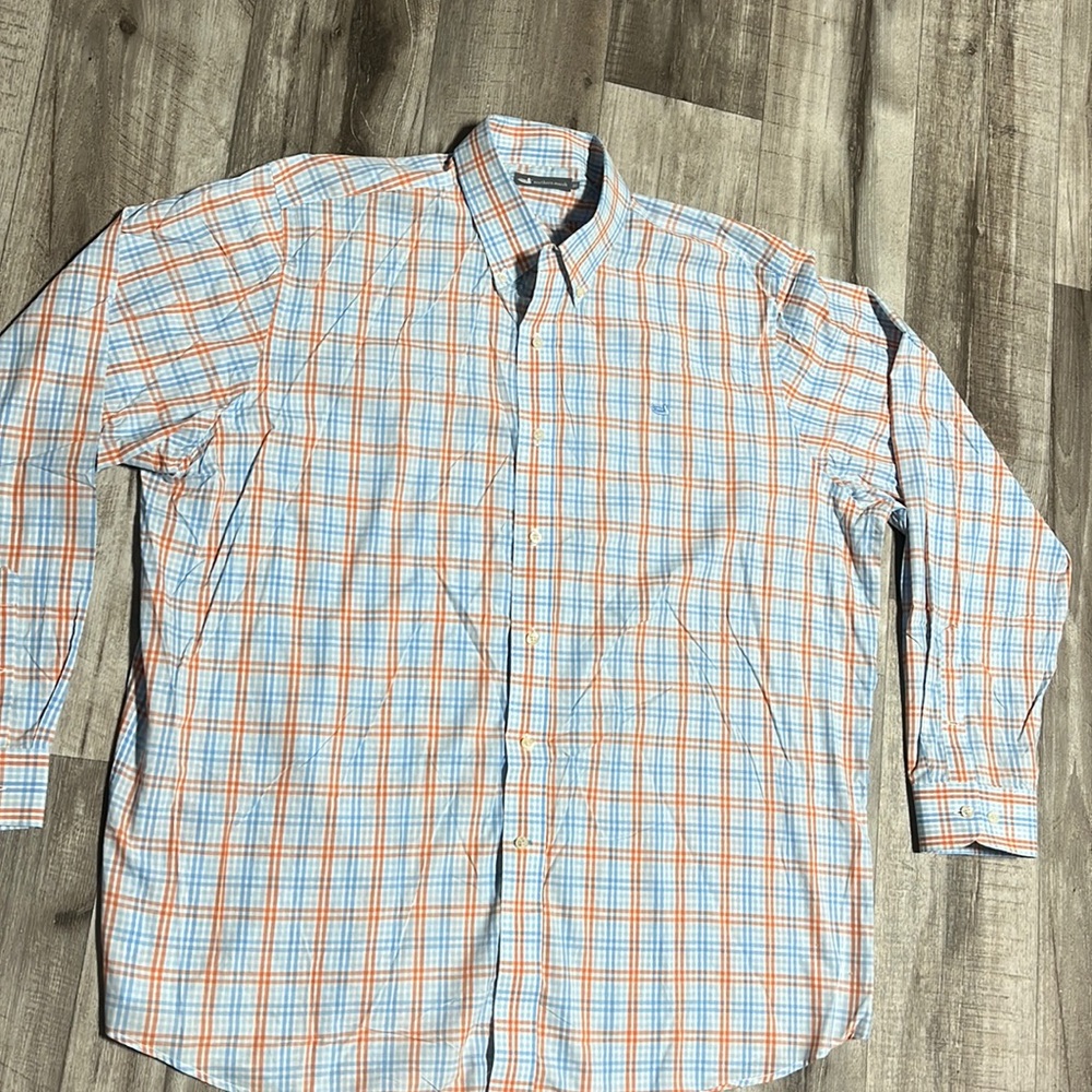 Men’s Long Sleeve Southern Marsh Plaid Checkered Dress Shirt 2X Blue & Orange